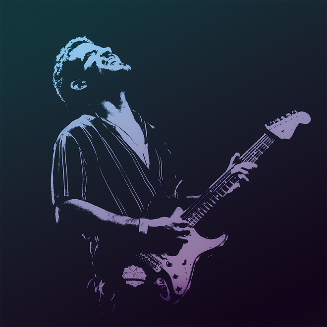 JJ Villafañe playing electric guitar during a live performance, a Houston-based guitarist known for improvisation with DJs